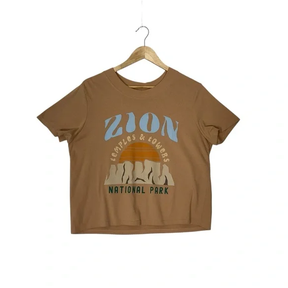 ZOE + LIV sz Large Zion National Park Casual Short Sleeve T Shirt Tan Blue - Picture 1 of 4